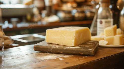 Block of cheese on a cutting board.