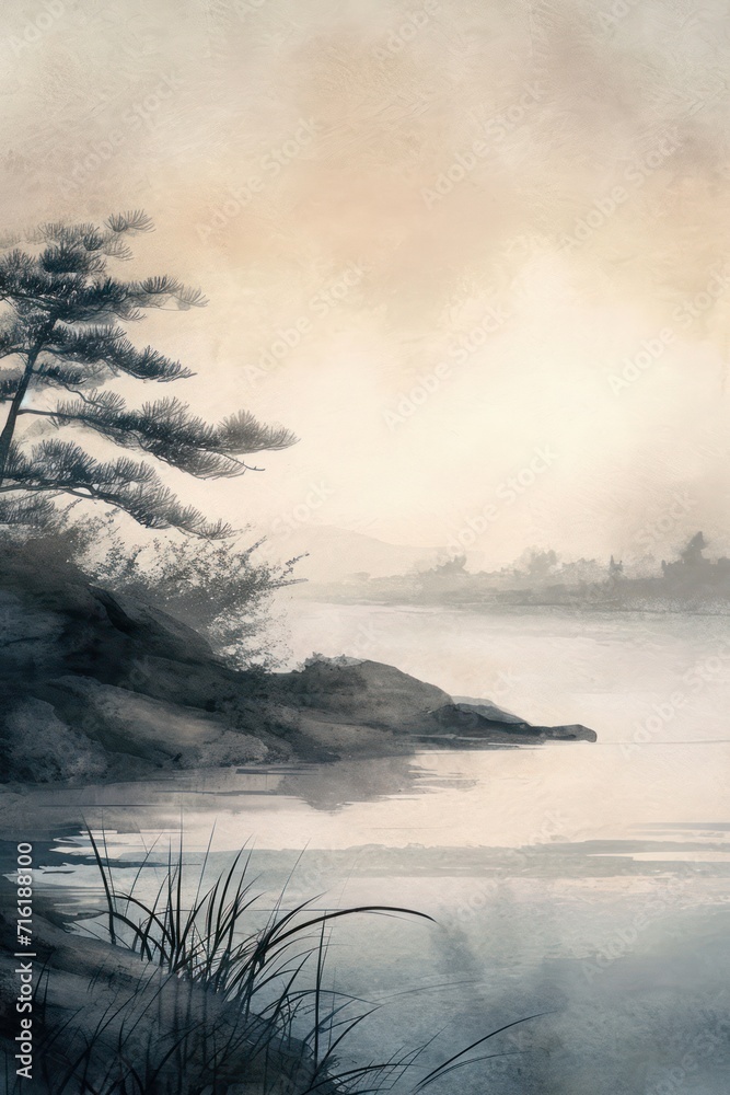 Obraz premium Delicate watercolor strokes on silk depict a tranquil riverbank at dawn in the style of Japanese traditional painting