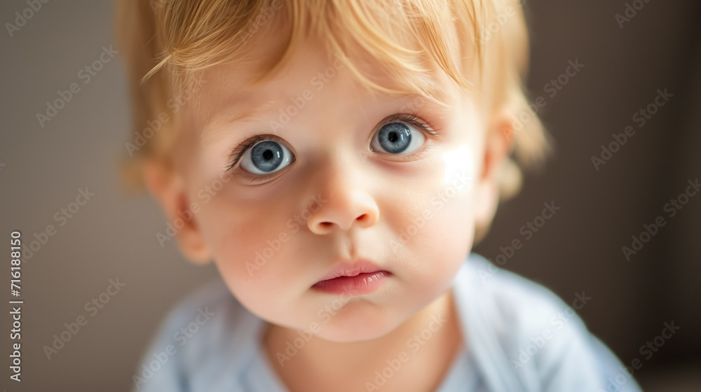 Blue-eyed toddler with a curious gaze.