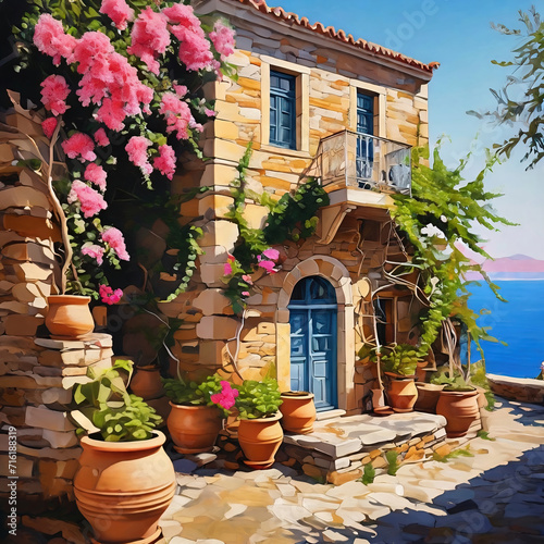 Traditional Mediterranean stone house surrounded by terracotta pots, flower pots with various oleander, begonia, chrysanthemum  in Aegean islands across to sea photo