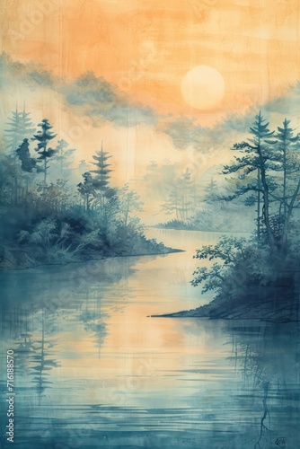 Japanese traditional painting style showcases a tranquil riverbank at dawn with delicate watercolor strokes on silk.