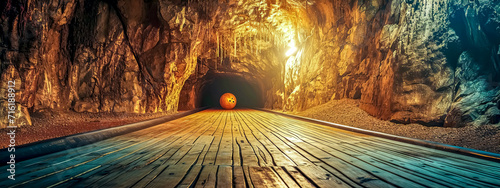 bowling alley lane extending into a luminous cave with a single orange bowling ball on it, highlighted by natural sunlight piercing through photo