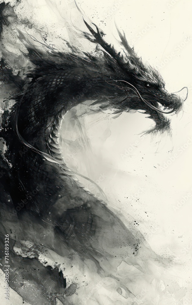 ancient dragon in traditional Chinese black ink style, with exaggerated perspective for a breathtaking shot ancient dragon in traditional Chinese black ink style, with exaggerated perspective for a breathtaking shot