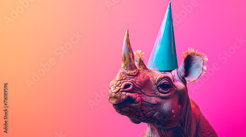 A majestic mammal, transformed into a whimsical work of art with a vibrant party hat atop its powerful head