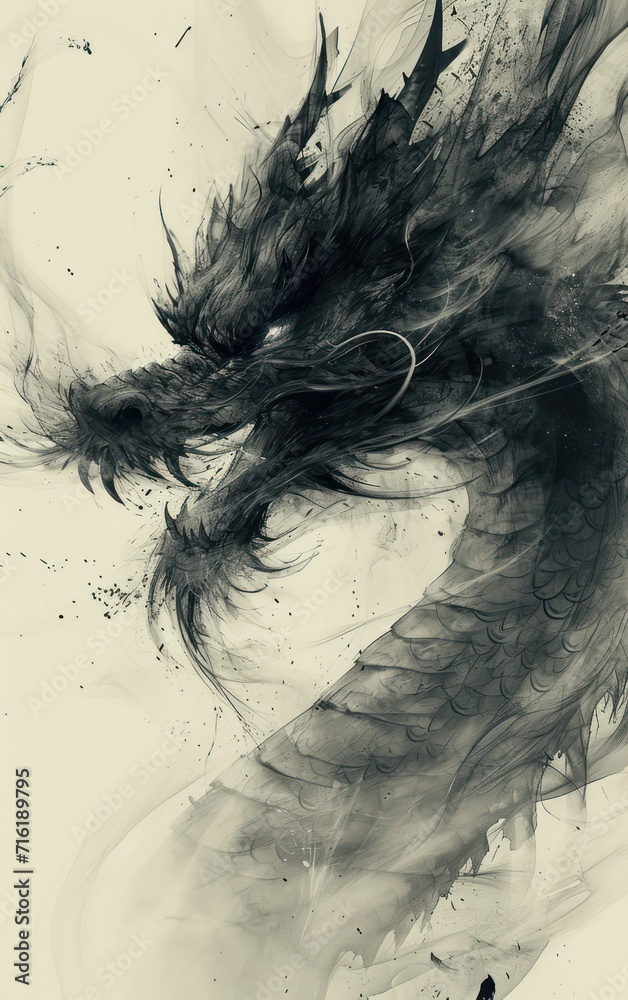 Fototapeta premium ancient dragon in traditional Chinese black ink style, with exaggerated perspective for a breathtaking shot