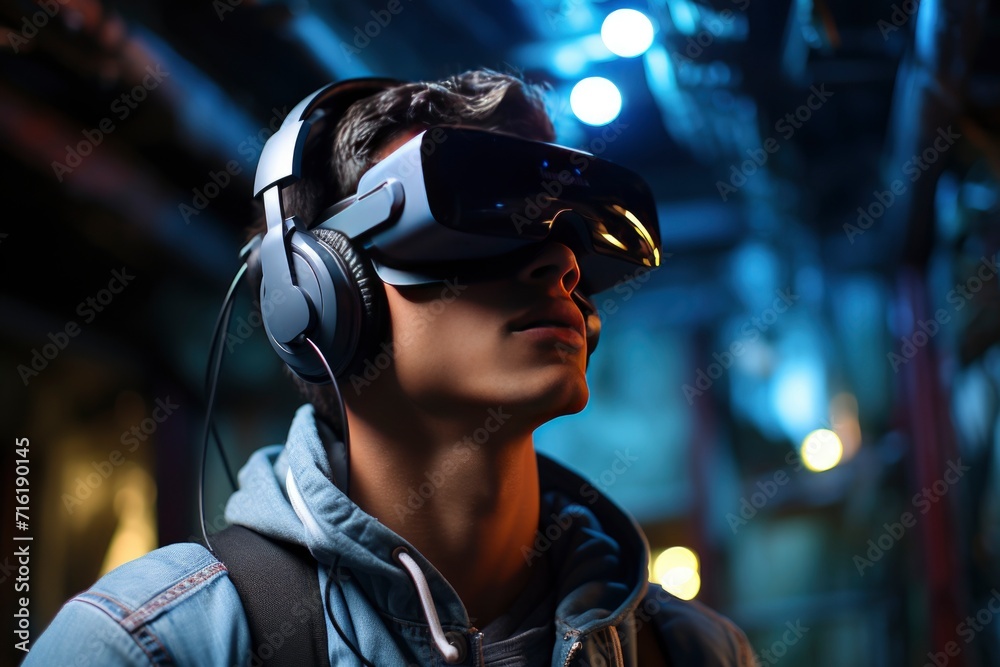 man wearing virtual reality glasses playing sports. VR Workout, interactive fitness, virtual gym concept. man wearing virtual reality glasses playing sports. VR Workout, interactive fitness, virtual gym concept.