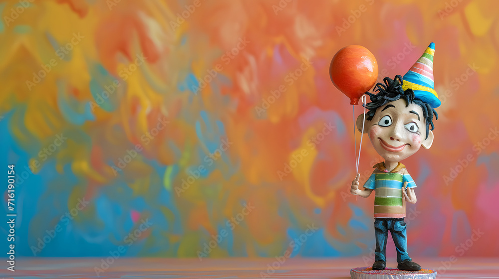 A playful toy figurine joyfully grasps onto a vibrant balloon, bringing to life a whimsical world of art and imagination A playful toy figurine joyfully grasps onto a vibrant balloon, bringing to life a whimsical world of art and imagination