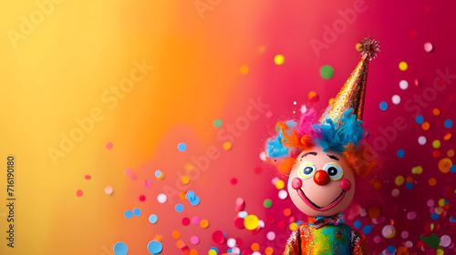 Vibrant and whimsical, a toy clown with rainbow locks and a festive party hat invites play and imagination
