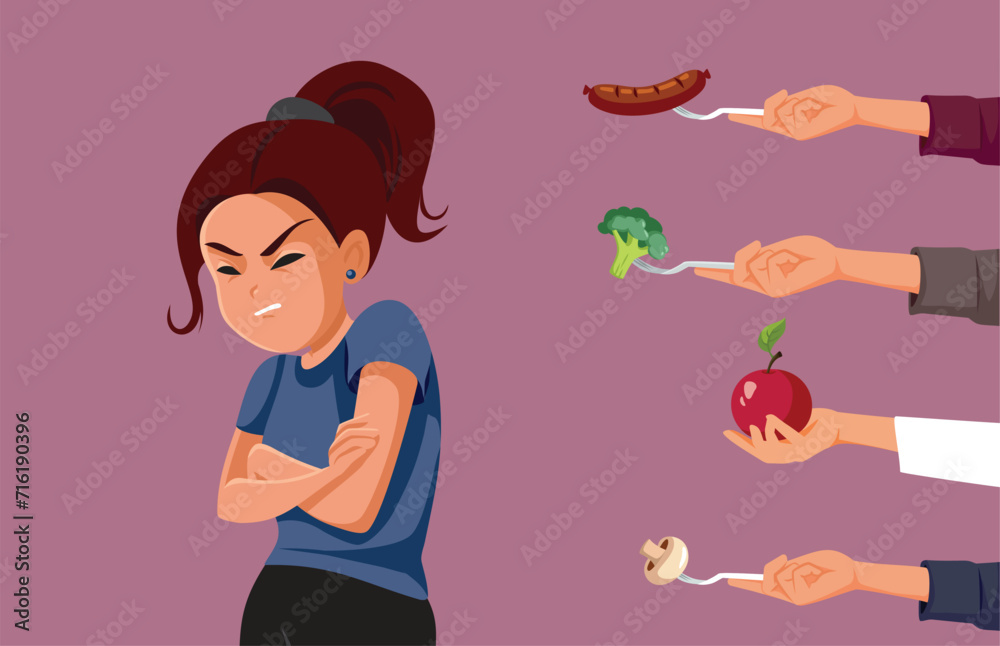 Picky Eating Teen Girl Refusing to Eat Vector Illustration. Teenager suffering, from avoidant restrictive food intake disorder
Picky Eating Teen Girl Refusing to Eat Vector Illustration. Teenager suffering, from avoidant restrictive food intake disorder