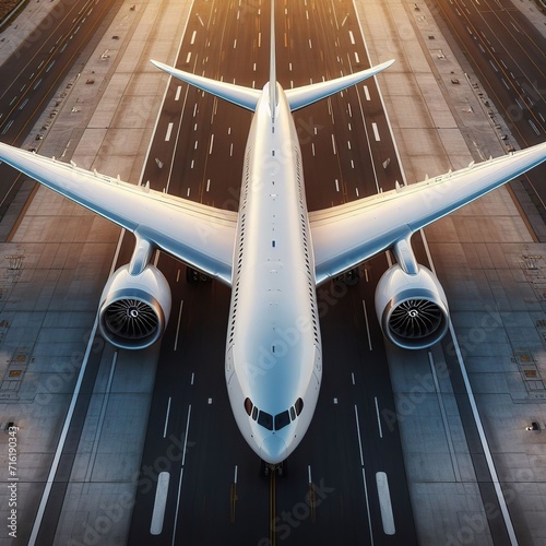 top view of a modern large passenger plane with two jet engines at the time of a safe landing on the runway