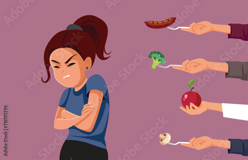 Picky Eating Teen Girl Refusing to Eat Vector Illustration. Teenager suffering, from avoidant restrictive food intake disorder 
 photo