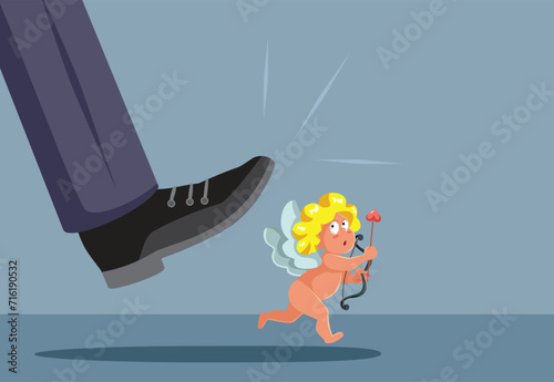 Man Stepping on a Cupid Angel Vector Concept Illustration. Unhappy divorced guy chasing matchmaker for revenge 
