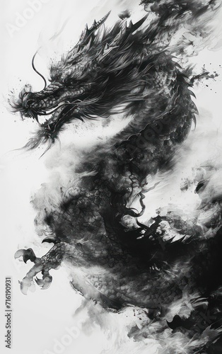 ancient dragon in traditional Chinese black ink style  with exaggerated perspective for a breathtaking shot