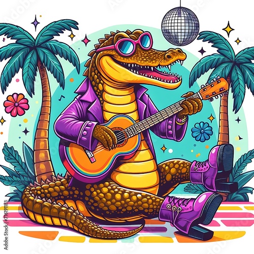 beach with palm trees and alligator guitar