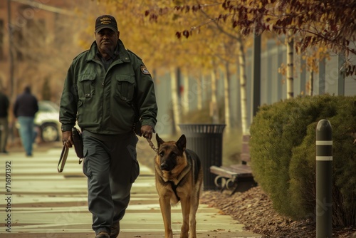 Security officer with his German Shepherd gaurd dog.  photo
