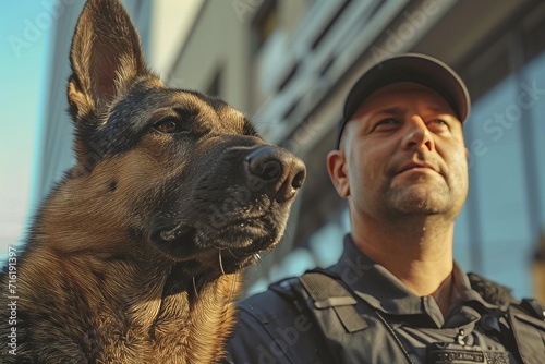 Security officer with his German Shepherd gaurd dog. 