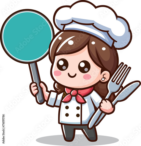 Cute chef girl in uniform character holding a turner food restaurant logo cartoon art illustration