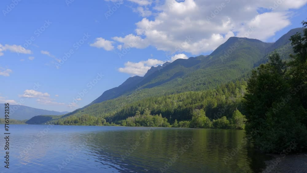 Establishing shot of lake with blue sky in Vancouver, Canada, North America. Day time on July 2023. Still camera view. ProRes 422 HQ. Establishing shot of lake with blue sky in Vancouver, Canada, North America. Day time on July 2023. Still camera view. ProRes 422 HQ.