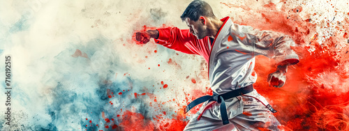martial artist in a white and red gi, throwing a punch with intense focus, against an explosive backdrop of red and white smoke. photo