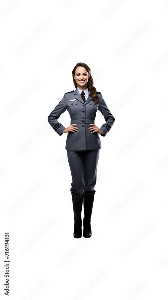 A female Air Force officer stands smiling, looking at the camera, full body on a transparent background. A female Air Force officer stands smiling, looking at the camera, full body on a transparent background.