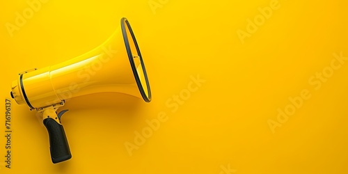 Yellow megaphone or bullhorn with lines over yellow background, marketing announcement photo