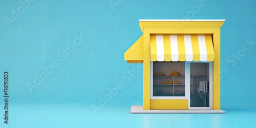 3d yellow white booth shop icon or empty retail store front with striped awning isolated on blue