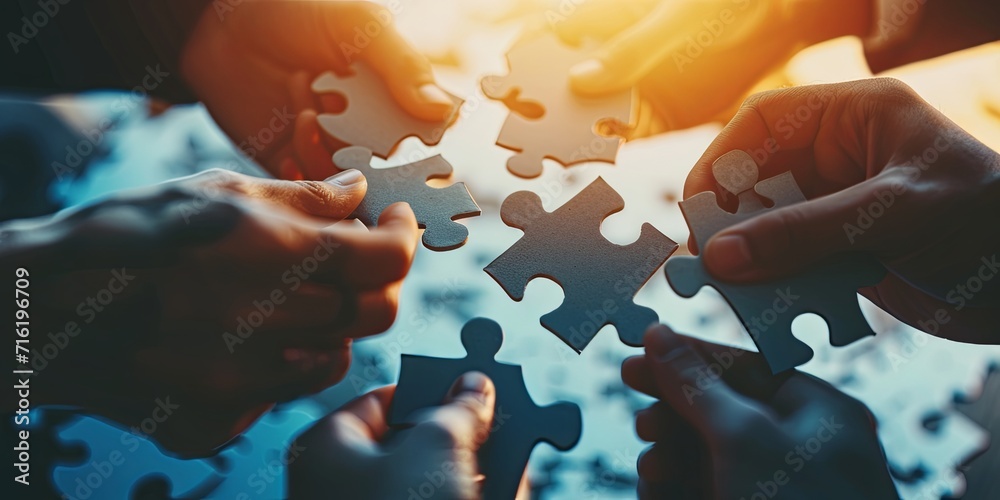 Jigsaw puzzle connecting together. Team business success partnership or teamwork - obrazy, fototapety, plakaty 