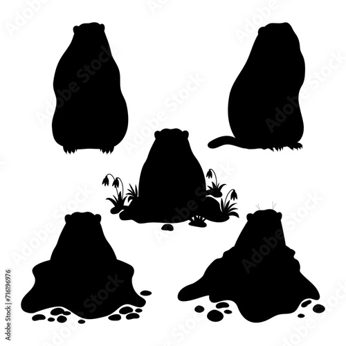 Animal marmot collection. Silhouette rodent groundhog. Isolated black hand drawn. Holiday Groundhog Day February 2. Vector illustration.