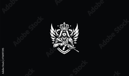 queen vector logo with ak47 shield badge logo, crown, face mask logo, girl crown, photo