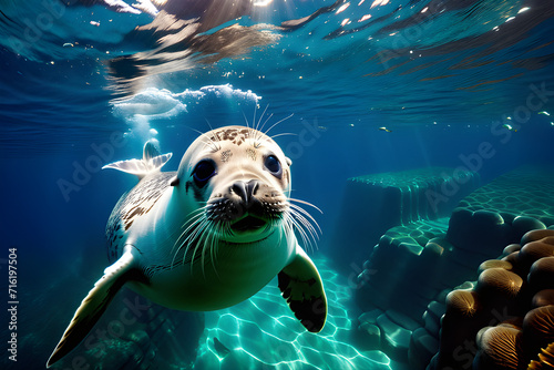 Light enters the deep sea and a cute seal swims. Generative AI