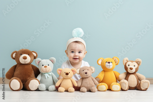 Cute baby with toys on a minimalist background