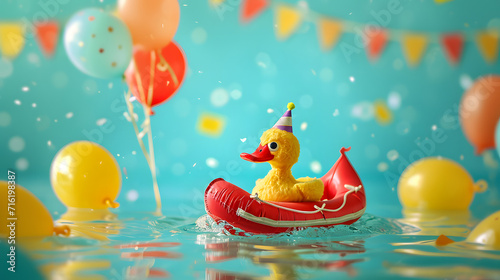 A whimsical rubber ducky sets sail on a boat adorned with colorful balloons, floating merrily on the water while bringing a touch of childhood joy to the scene photo