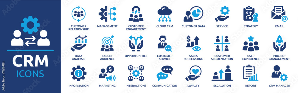 Customer relationship management CRM icon set. Containing marketing, data, report, strategy, manager, audience and more. Solid vector icons collection. - obrazy, fototapety, plakaty 