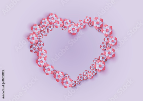 Beautiful Heart Made of Pink Paper Cut Flowers Background, Flat Lay. Space for Text