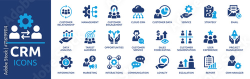 Customer relationship management CRM icon set. Containing marketing, data, report, strategy, manager, audience and more. Solid vector icons collection.