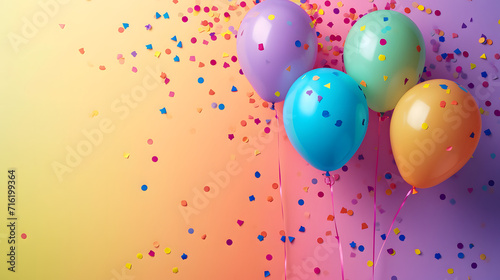 A colorful display of celebration  as a bouquet of balloons floats above a scattered sea of confetti