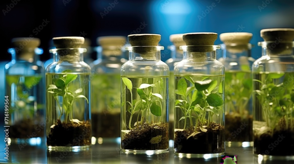Plant tissue culture is grown in glasses jars in laboratory room. Smart farm agriculture industry and biotechnolog. Generative AI Plant tissue culture is grown in glasses jars in laboratory room. Smart farm agriculture industry and biotechnolog. Generative AI