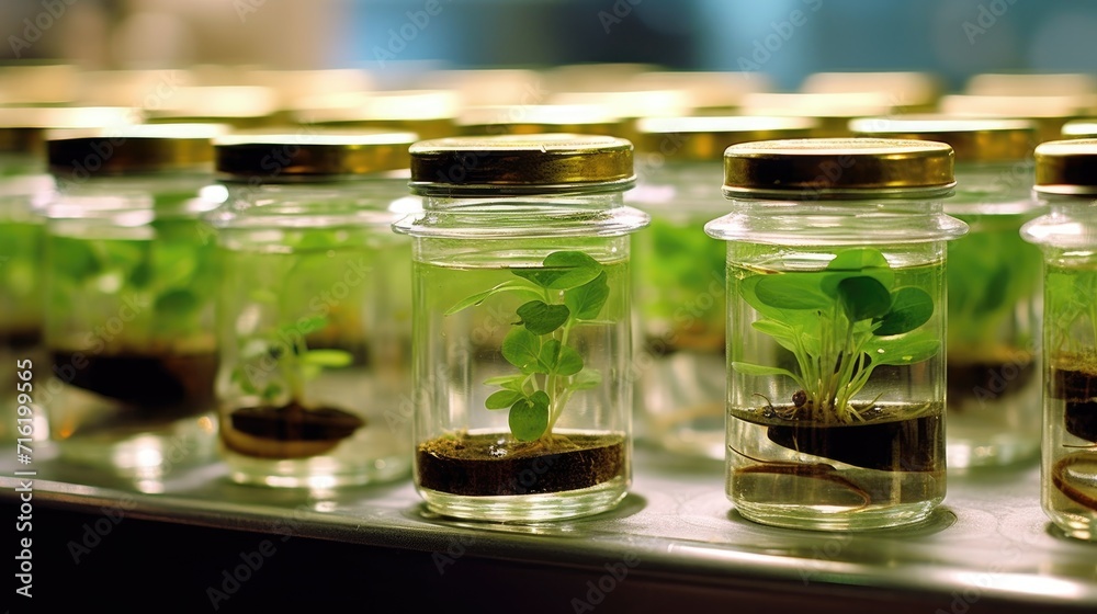Plant tissue culture is grown in glasses jars in laboratory room. Smart farm agriculture industry and biotechnolog. Generative AI Plant tissue culture is grown in glasses jars in laboratory room. Smart farm agriculture industry and biotechnolog. Generative AI