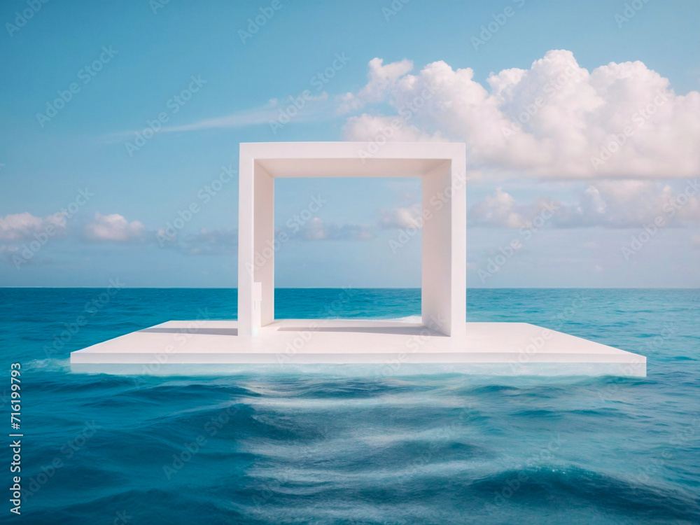 Surreal Photo of a White Square Frame Floating In The Sea, AI Generative