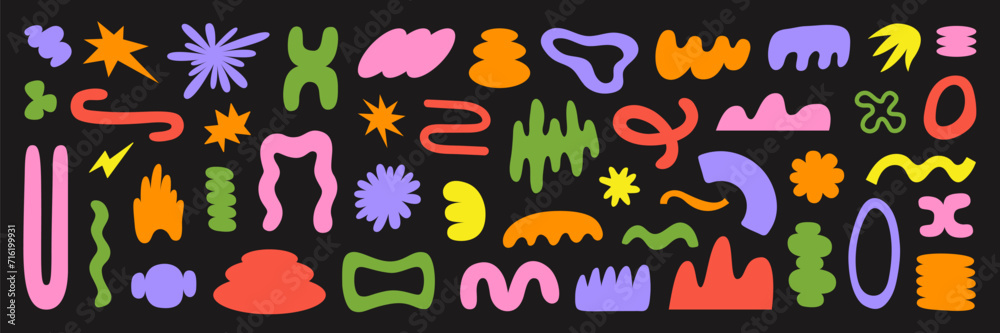 Fototapeta premium Abstract organic shapes with bright geometric cutting doodles. Trendy random naive shapes. Vector illustration