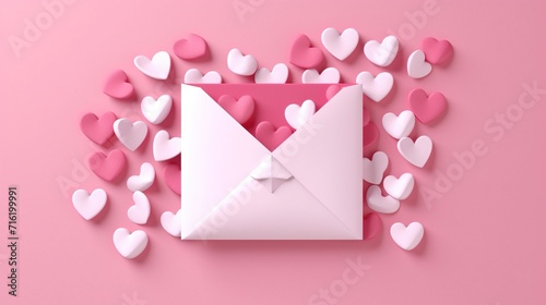 Love Letter Envelope with Paper Craft Hearts on Minimalist Pink Background, Copy Space, Valentine 