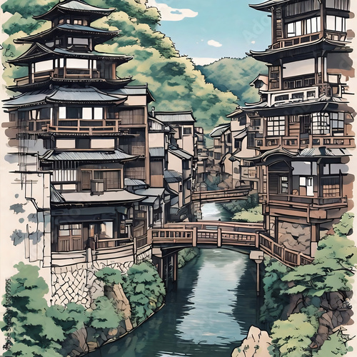 Sketch design of japan buildings in hand drawn style-near river and bridge in 1500's in Japan