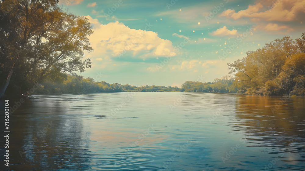 A serene autumn landscape reflecting in the calm waters of a bayou, with trees and clouds adorning the sky above, showcasing the beauty of nature and the peacefulness of water resources