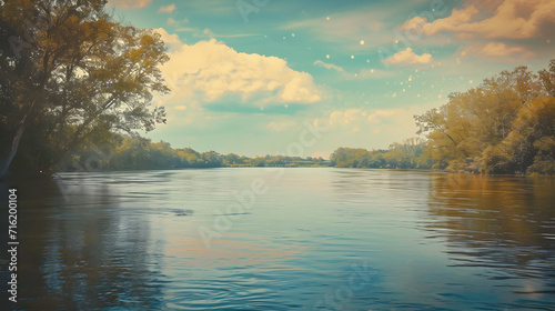 A serene autumn landscape reflecting in the calm waters of a bayou, with trees and clouds adorning the sky above, showcasing the beauty of nature and the peacefulness of water resources