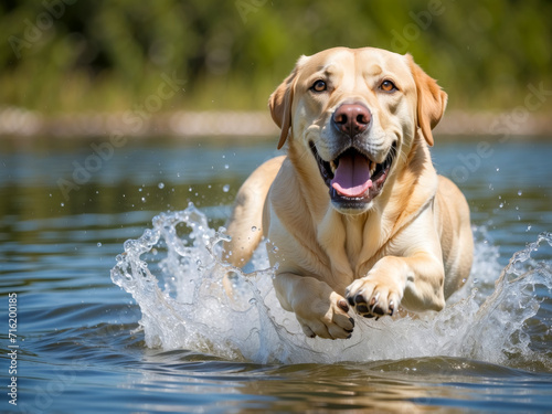  a Labrador Retriever dog Joyfully Plays and Runs Alongside the Flowing River