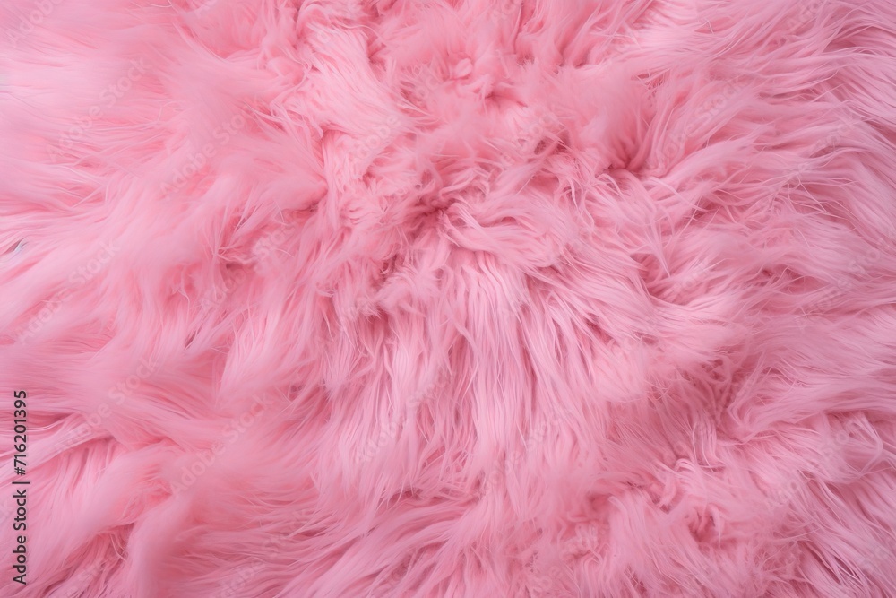 Pink fur texture top view. Pink sheepskin wool background. Shaggy fur pattern