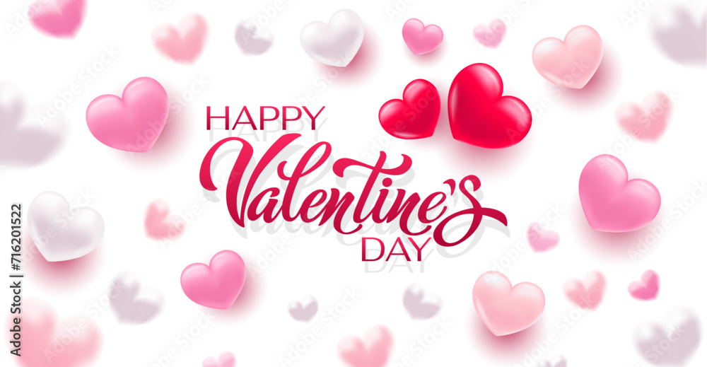 Happy Valentine's Day hand lettering vector. With a beautiful background of 3D hearts. Vector illustration. Text for a card or invitation.