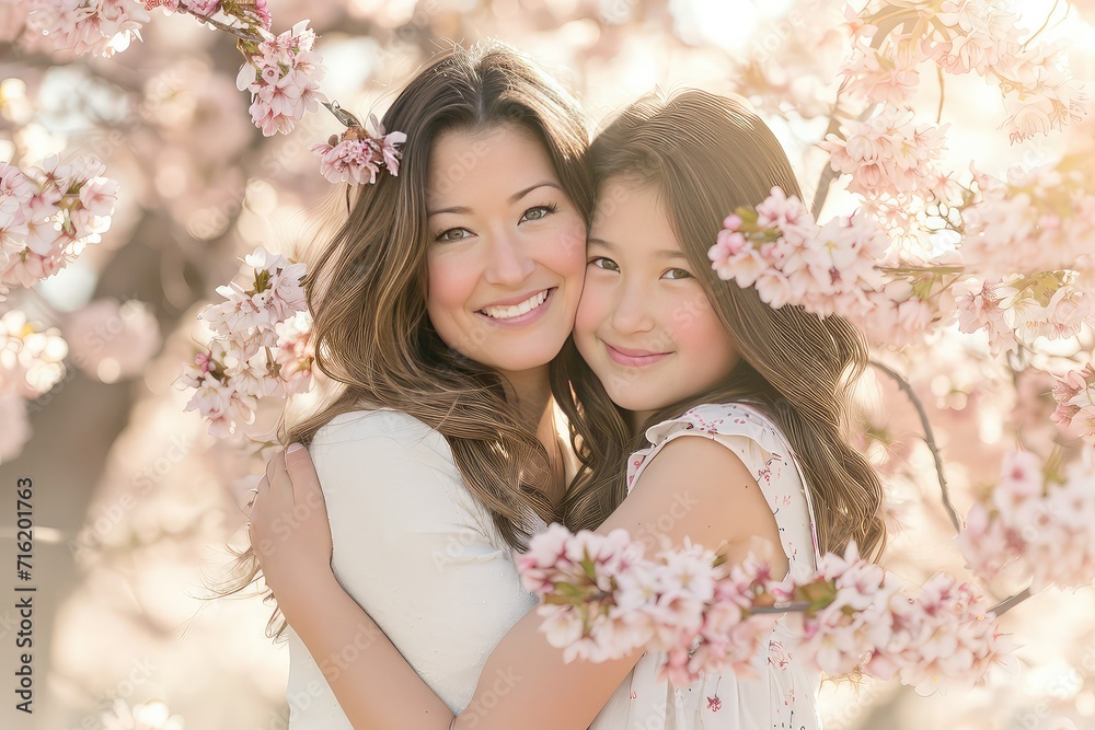 Fototapeta premium Mother and daughter embracing under cherry blossoms Soft, diffused light Joyful, Spring, Blossoms