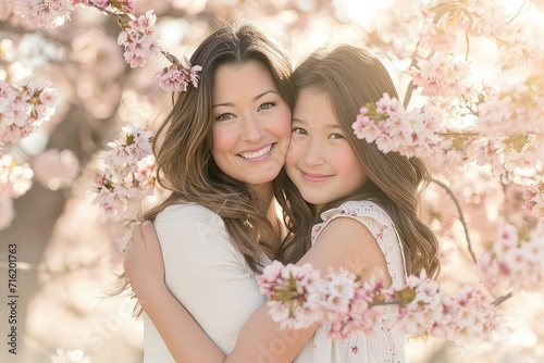 Mother and daughter embracing under cherry blossoms Soft, diffused light Joyful, Spring, Blossoms 