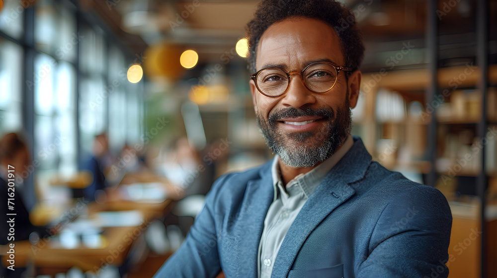 Close-up view of a smiling and confident African American male business executive - CEO - Professor - Office worker - blurred background - motivated black professional Close-up view of a smiling and confident African American male business executive - CEO - Professor - Office worker - blurred background - motivated black professional